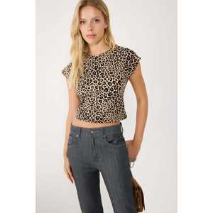 Camiseta Corta Informal con Estampado de Leopardo para Mujer, 100% Algodón, Talla XS, Transpirable, Cuello con Lazo, Estampado Animal, Ajuste Holgado, con Letras - Product Image 3