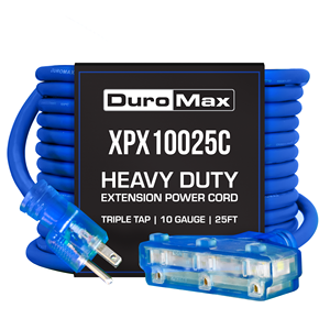 Cable de Extensión de Alta Resistencia de 10 Ga y 25 Pies - DuroMax XPX10025C Azul con Triple Conector - Product Image 1