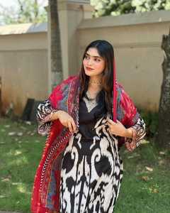 Algodón musulmán recto estampado para mujer con impresión Digital con trabajo de bordado espejo Real trabajo hecho a mano con mangas completas y parte inferior - Product Image 1