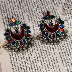 Brass Sterling Silver Plated Bohemian Chandelier Crescent <b>Moon</b> <b>Mirror</b> Earrings Multicolor Vintage Afghan Statement Gift Women - Product Image 3