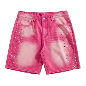 Pantalones Cortos de Mezclilla para Hombre Hechos a Medida, Estilo Vintage, con Cremallera, Dobladillo sin Rematar, Tela de Algodón Transpirable de Secado Rápido, con Pedrería, para Verano - Product Image 1