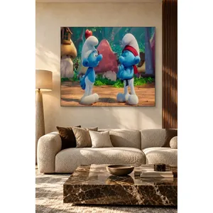 Stampa su tela Fida Karate Smurf davanti alle case a forma di fungo - Product Image 1