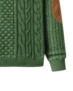 Customized Mens Mixed Texture <b>Cable</b> <b>Knit</b> Polo <b>Sweater</b> Long Sleeve Button Neck Winter Pullover With Elbow Patch In Forest Green - Product Image 6