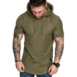 Hooded Style T-Shirt Regular Long Men's Streetwear Round Braun High Quality Cotton Tees Half Sleeves