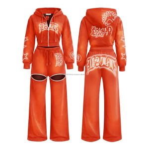 Conjunto de chándal de invierno para mujer con sudadera corta con cremallera y parches de logo, venta al por mayor - Product Image 6