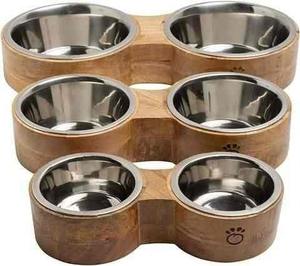 Elevated Double Steel <b>Bowl</b> Dog Feeder with Curved Wood <b>Stand</b> for Pet Dog & <b>Cat</b> - Product Image 1