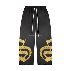 Pantalones Deportivos de Felpa de Algodón Grueso de Lujo, 360 GSM, Tela Suave al Tacto, Diseño de Pedrería Estampado en Azul, Logotipo Personalizado - Product Image 1