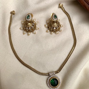 Simple Best Quality Antique Polish Exclusive Stones Design <b>Gold</b> Plated Chain Necklace <b>Set</b> With <b>Earrings</b> For Wedding For Women - Product Image 1