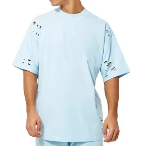 NEW Summer Custom 100% Cotton Extended Neck Blank Men Distress Tee Shirts Oversized Street Wear Ripped T Shirt Men
