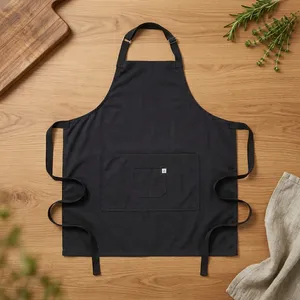 Tablier de cuisine 100% coton toile noir, taille ajustable, sans manches, écologique, style classique, avec poche - Product Image 1