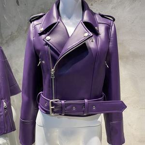 Chaquetas de cuero de piel de oveja auténtica púrpura para mujer de otoño 2025, chaqueta de cuero para motocicleta, chaqueta de cuero para mujer - Product Image 1