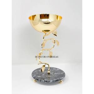 Leaves Designer High Grade Gold Plated <b>Prime</b> Quality Metal Made Incense Bakhoor Burner With Marble Round Shape Base From India - Product Image 1