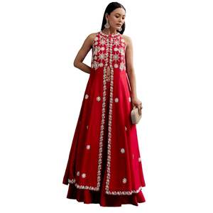 Costume Palazzo Rouge Avec Miroir Et Moti Work Slit Kurta Vente En Gros Vêtements Ethniques Pour Femmes OEM Vêtements Usine Fournisseur En Gros - Product Image 3