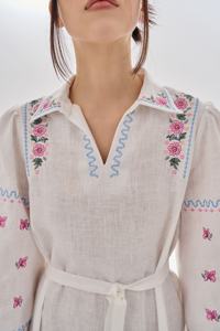 Robe longue brodée à manches courtes pour femmes 100% coton ivoire lin taille naturelle lavable décontracté - Product Image 2