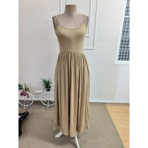 Women's Strappy Round Neck Long <b>Viscose</b> <b>Dress</b> with Front Slit and Pocket Detail, 35194 - Beige - Product Image 4