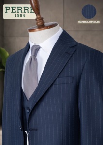 Traje de Negocios para Hombre PERJAC, Gris con Rayas, Cuello Mao, Doble Botonadura, Mezcla de Viscosa/Poliéster, Antiarrugas, Tallas Grandes - Product Image 2