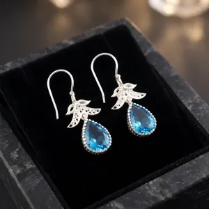 Women’s 925 Sterling Silver Bohemian Drop <b>Earrings</b> Geometric Pattern Swiss <b>Blue</b> <b>Topaz</b> Bezel Set Handmade Dangle <b>Earrings</b> - Product Image 4