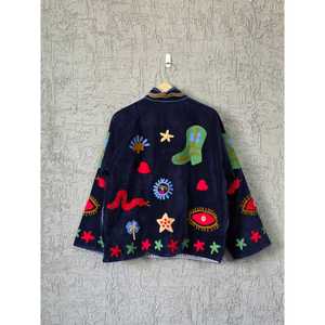 Navy Velvet Bomber <b>Jacket</b> with Hand Embroidery Animal Print Floral Snake Pattern <b>Mandarin</b> <b>Collar</b> Autumn Women's Quick Dry - Product Image 3