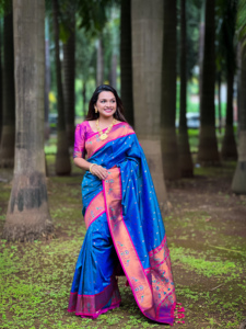 Hermoso Sari de Seda Paithani para Mujer con Tejido Zari y Diseño de Motivos Meenakari para Fiestas y Uso Casual - Product Image 6