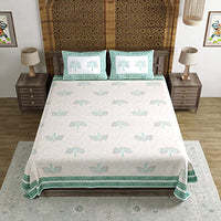 Siêu Vua Kích thước tinh khiết bông bedsheet thiết lập với tay khối in màu xanh lá cây chạy Motif bao gồm trang bị & tấm phẳng - Product Image 2