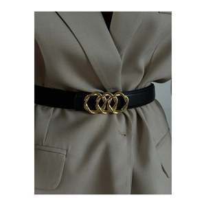 Genuine <b>Domed</b> Leather Combined <b>Ring</b> Buckle Women's Trouser Belt, Jacket Belt, Dress Belt - Black - Product Image 3