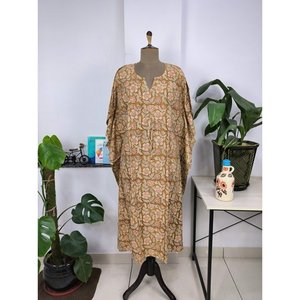 Robe Kaftan Bohème Imprimée Jonquilles en Coton Léger et Respirant, Cache-maillots de Plage Indiens avec Dorure Orée - Product Image 1