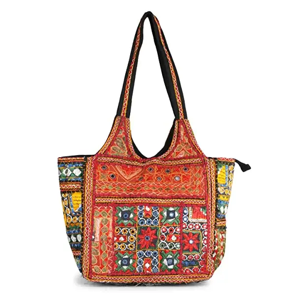 Borsa a tracolla di design in cotone con ricami multicolori e specchio da lavoro per donne da Expoter indiano
