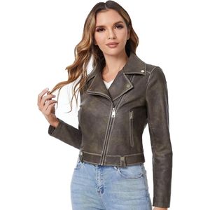 OEM venta al por mayor mujeres chaqueta de cuero genuino recortado Regular Fit XXL moto ropa deportiva a prueba de viento estilo universitario Otoño de punto - Product Image 3