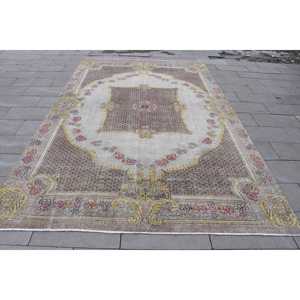 พรมตุรกี ขนาด 7.6x8.5 ฟุต พรมวินเทจ สีน้ำตาลเหลืองลายตารางหมากรุก ทำจากขนสัตว์ - Product Image 1