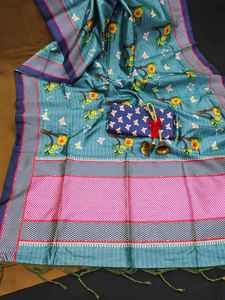 ส่าหรีผ้าไหมทัสซาร์เนื้อนุ่มพิมพ์ลายผีเสื้อสวยงามพร้อมพู่สำหรับสาวอินเดีย - Product Image 3