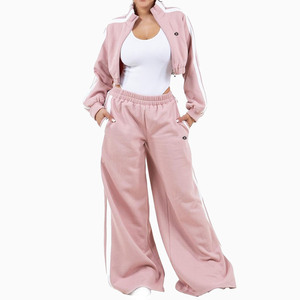 Conjunto Deportivo Informal de Mujer con Chaqueta Corta y Pantalones Jogger de Pierna Ancha, Mezcla de Algodón, Fabricación al por Mayor OEM B2B - Product Image 1