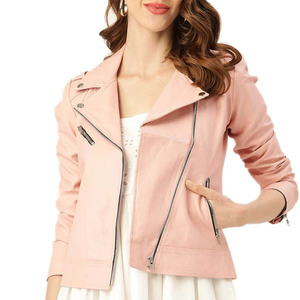 Veste de motard en cuir véritable rose pour femme, style américain personnalisé, fermeture éclair asymétrique, coupe ajustée, design moto, imperméable et respirante - Product Image 1