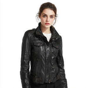 Chaqueta de Cuero PU para Mujer, Estilo Urbano, OEM, Cuello Camisero, Chaqueta de Cuero Genuino para Motociclista - Product Image 2