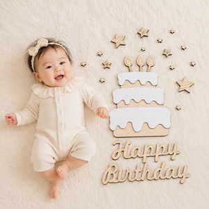 Ensemble d'ornements en bois naturel sur le thème des anniversaires, artisanat fait main, formes <span class=keywords><strong>de</strong></span> gâteau et d'étoile pour séance photo d'anniversaire - Product Image 4