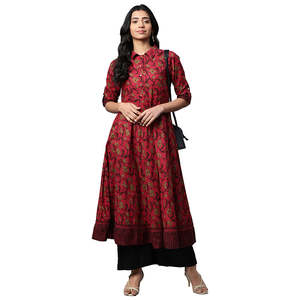 Maroon Mujer Algodón Floral Impreso Anarkali Kurta Set Conjuntos Mujer - Product Image 2