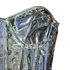 Corset de maintien de la taille en acier, argenté métallisé brillant, avec bonnets arrondis et fermeture frontale à busclettes - Product Image 3