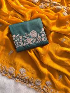 Sari elegante de diseñador de Bollywood con hermoso diseño de bordado y colección de tela de seda espacial para mujer, ropa de fiesta - Product Image 2