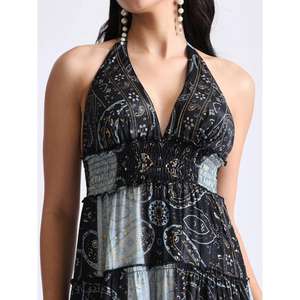 Women Printed Halter Neck Maxi <b>Dress</b> With Tiered Panels Sleeveless Boho Long <b>Dress</b> For Summer Resort Wear - Product Image 3