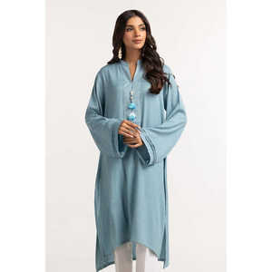 Camisa Azul Teñida con Adornos Vintage para Mujer, Talla XL, Algodón y Seda, Casual, con Borlas y Botones Bordados, para Otoño y Primavera - Product Image 4