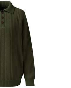 Suéter Polo de Punto Trenzado Vertical Personalizado para Hombre, Manga Larga, Cuello con Botones, Abrigo Cálido de Invierno en Verde - Product Image 3