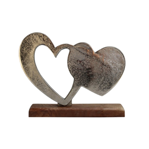 Escultura de Corazón, Decoración de Metal y Madera, Regalo de Navidad, Figura de Dos Corazones Plateados de Alta Calidad sobre Base de Madera, Decoración Romántica de Amor - Product Image 6