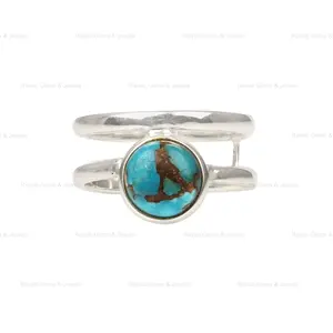 Best Selling High Quality Blue Copper Turquoise Stone Cabochon Genuine 925 Sterling Silver Double Band 8mm Round Ring for Women