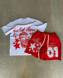 Fabricant de vêtements Logo personnalisé T-shirt graphique délavé à l'acide 100% coton surdimensionné High Street pour hommes Vintage Tees Shorts Set - Product Image 2