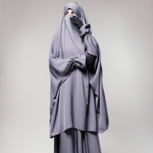 High Quality Nida Polyester Two Piece for Double Ruffle Elastic Sleeves Saudi Style Modest Islamic Floor Length Gray <b>Abaya</b> - Product Image 1