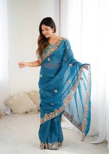 NOUVEAU Lancement Véritable Modélisation Super Hit Saree Tissu Premium Crunchy Silk With Heavy Embroidery Threads Codding & Sequins Work - Product Image 3