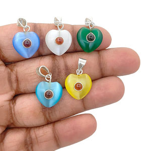 Green Cat's Eye 14mm Puffy <b>Heart</b> Shape Cat's Eye Monalisa Pendant Sterling <b>Silver</b> Bail Pendant Handmade Monalisa <b>Necklace</b> Charms - Product Image 5