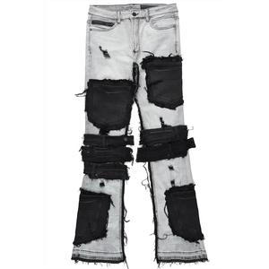 Jeans pour hommes en détresse blanc et noir, jeans respirants pour hommes de haute qualité personnalisés extensibles détruits déchirés de coupe régulière - Product Image 1