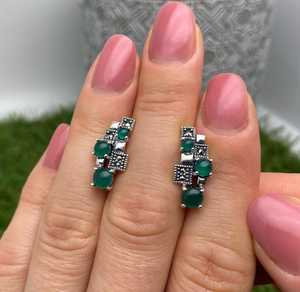 Boucles d'oreilles en onyx vert naturel et en marcassite, bijoux fins en argent sterling 925 pour femmes - Product Image 2