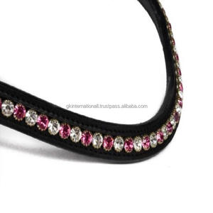 Bande de front de cheval en cuir de canal vide en forme de vague personnalisée incrustée de cristaux de pierres roses et blanches bande de front de Bling - Product Image 6
