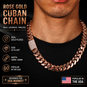 Catena Cubana Miami in Ottone Placcato <span class=keywords><strong>Oro</strong></span> Rosa con Chiusura a Scatto Curva e Logo Laser, 10-25mm - Product Image 1
